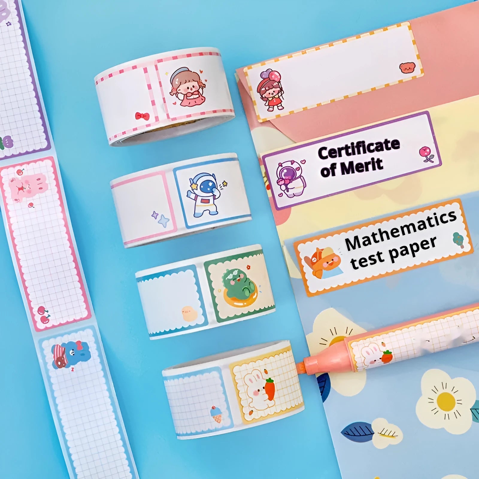 Roll of colourful cartoon stickers showing dinosaur, astronaut, rabbit, and girl design options for labelling.