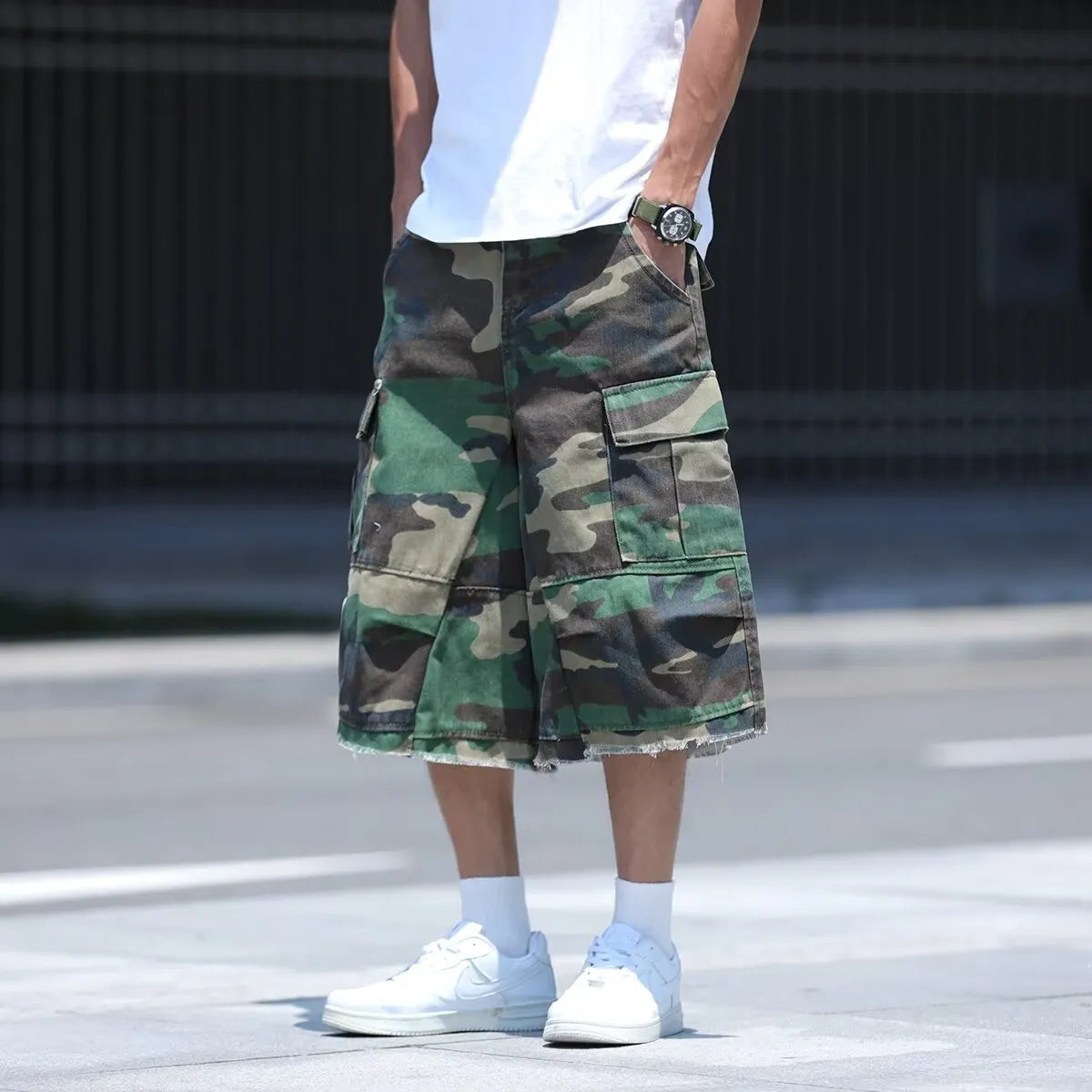 American-style retro workwear camouflage shorts with loose cropped fit in summer camouflage colours