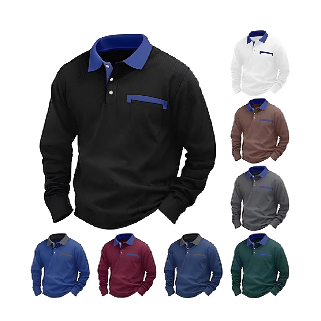 Men's waffle-textured polo shirt in wine red with asymmetric design and long sleeves.