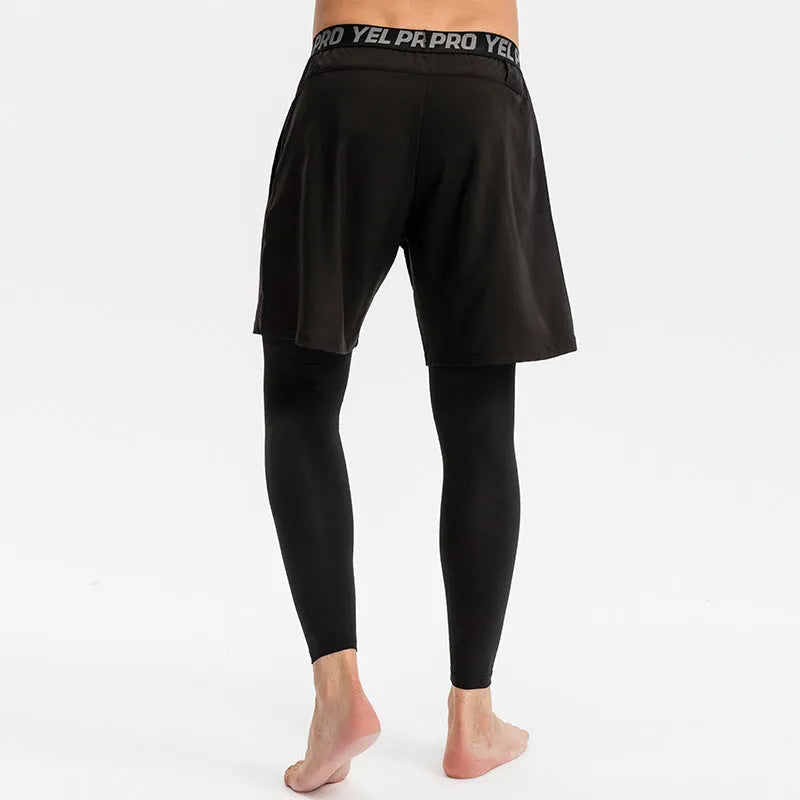 Men's grey quick-drying high elastic tight sports pants for fitness and running.