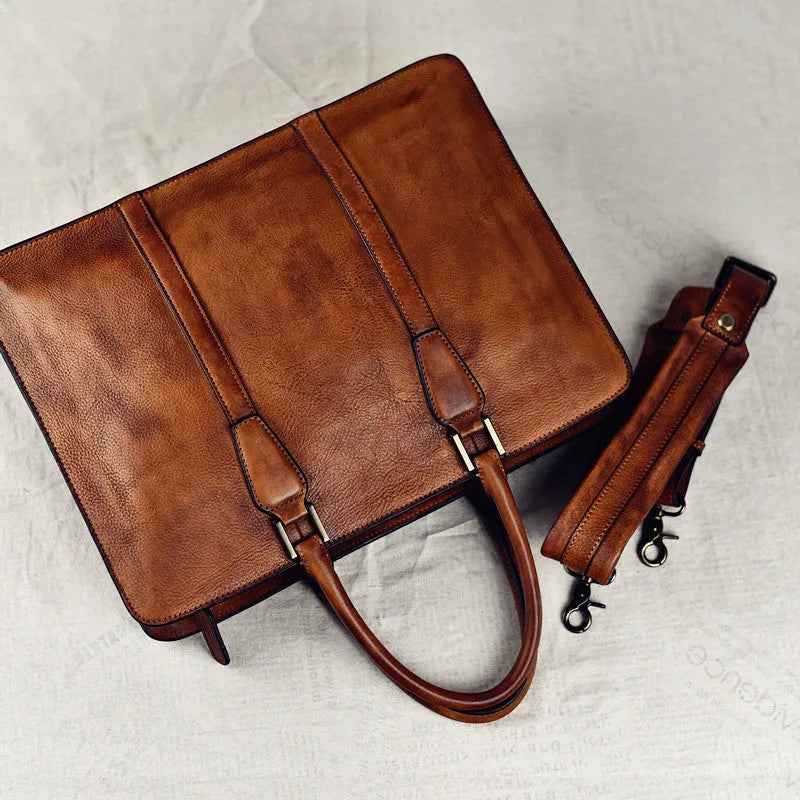 Men's 14-inch horizontal leather business handbag in khaki or black with zipper opening