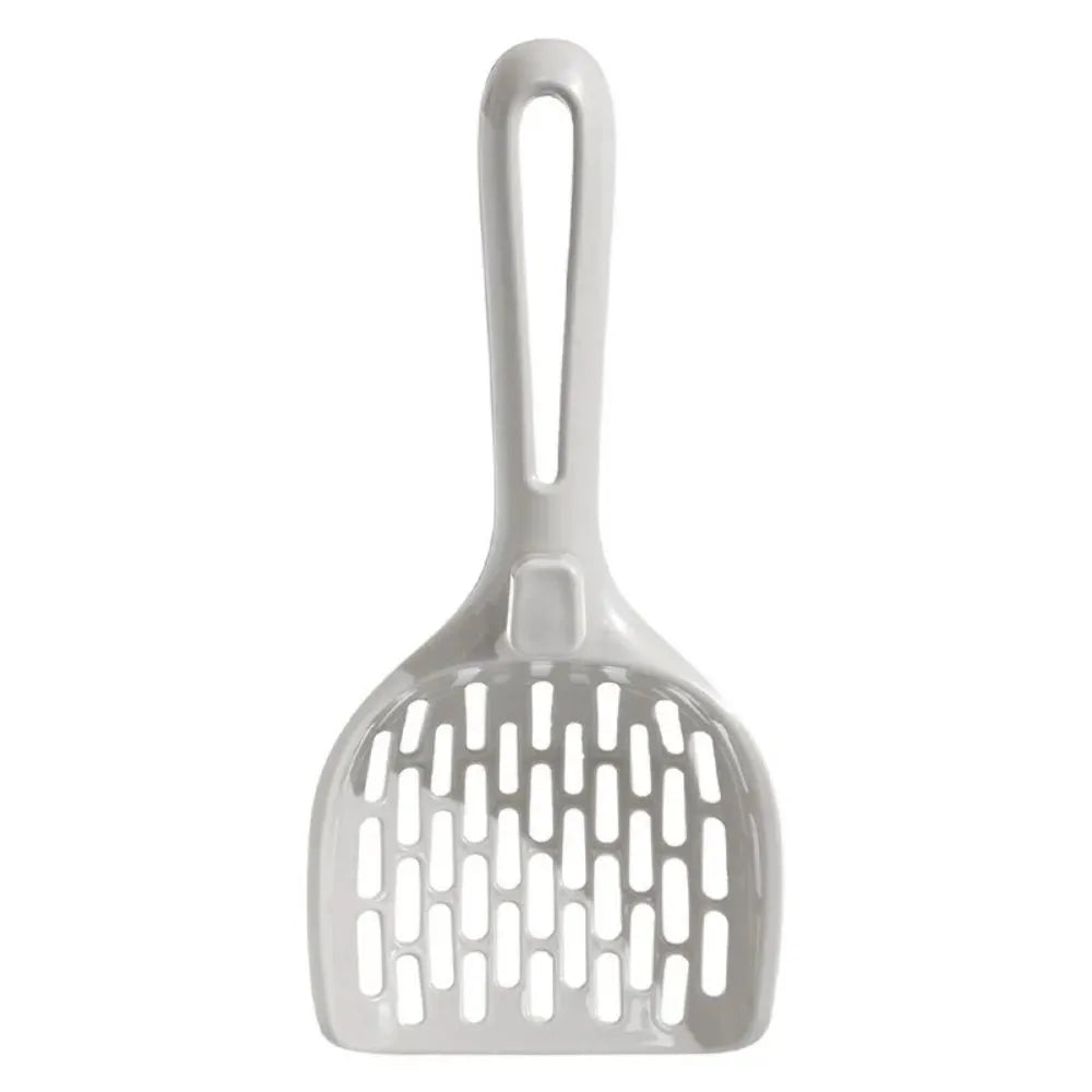 Grey plastic cat litter scoop with cleaning comb and separate storage base