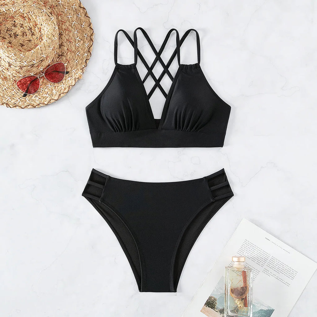 Women's V-neck halter bikini set with removable padding in multiple colour options