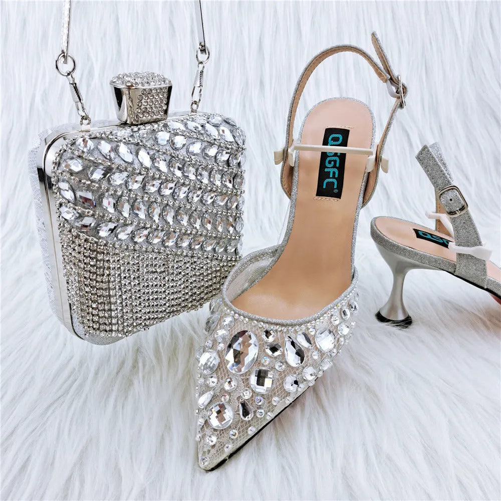 Ladies' party sandals high heels thin heel 6-8cm with matching diamond bag, rubber sole, PU inner, sizes 38-43