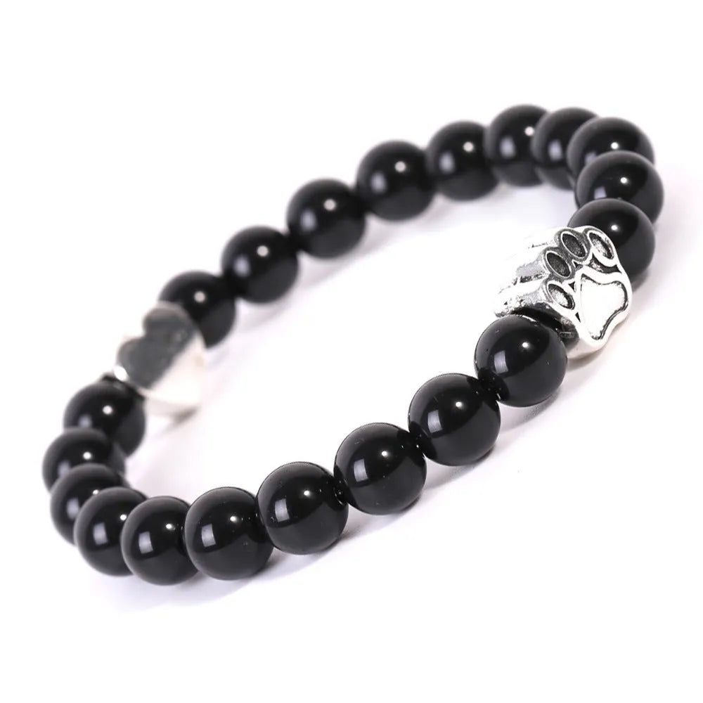 Indian agate stone bracelet with geometric dog's paw charm and heart detail on round beads