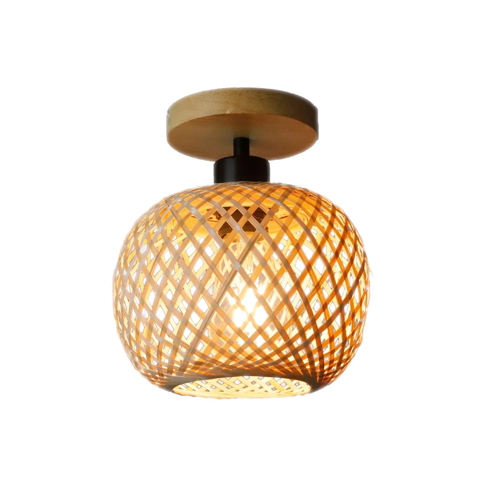 Japanese-style ceiling lamp with a natural bamboo and rattan shade for hallway or corridor lighting.