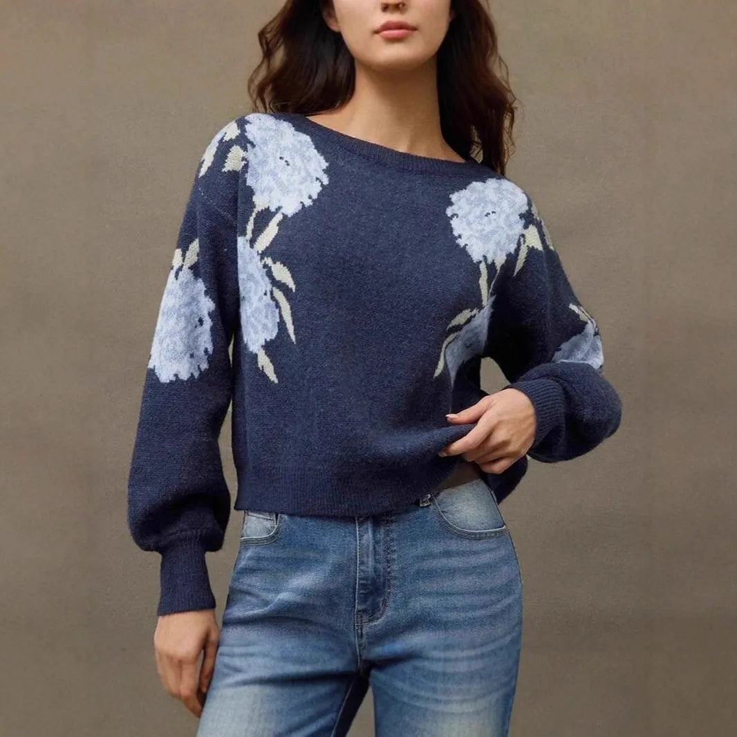 Sapphire blue women's pullover with floral jacquard pattern and loose casual fit