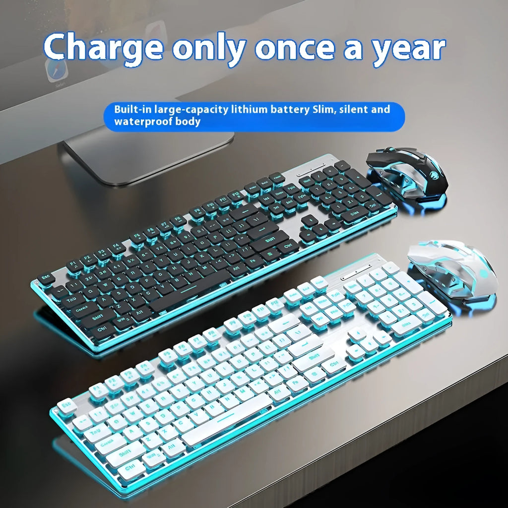 Wireless mute Bluetooth keyboard with ice blue backlighting on desk