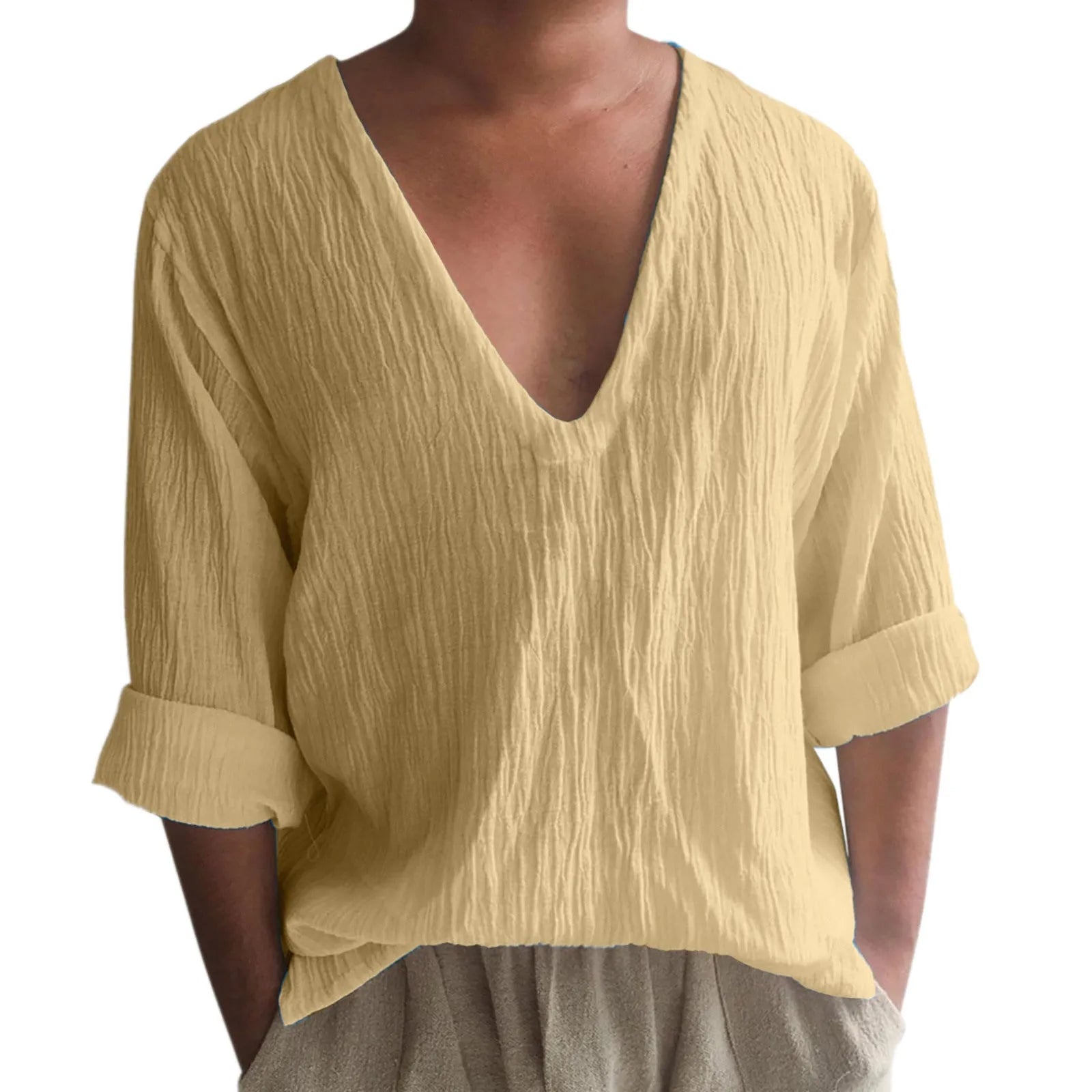 Men's solid colour V-neck long sleeve t-shirt in washed cotton fabric on a hanger