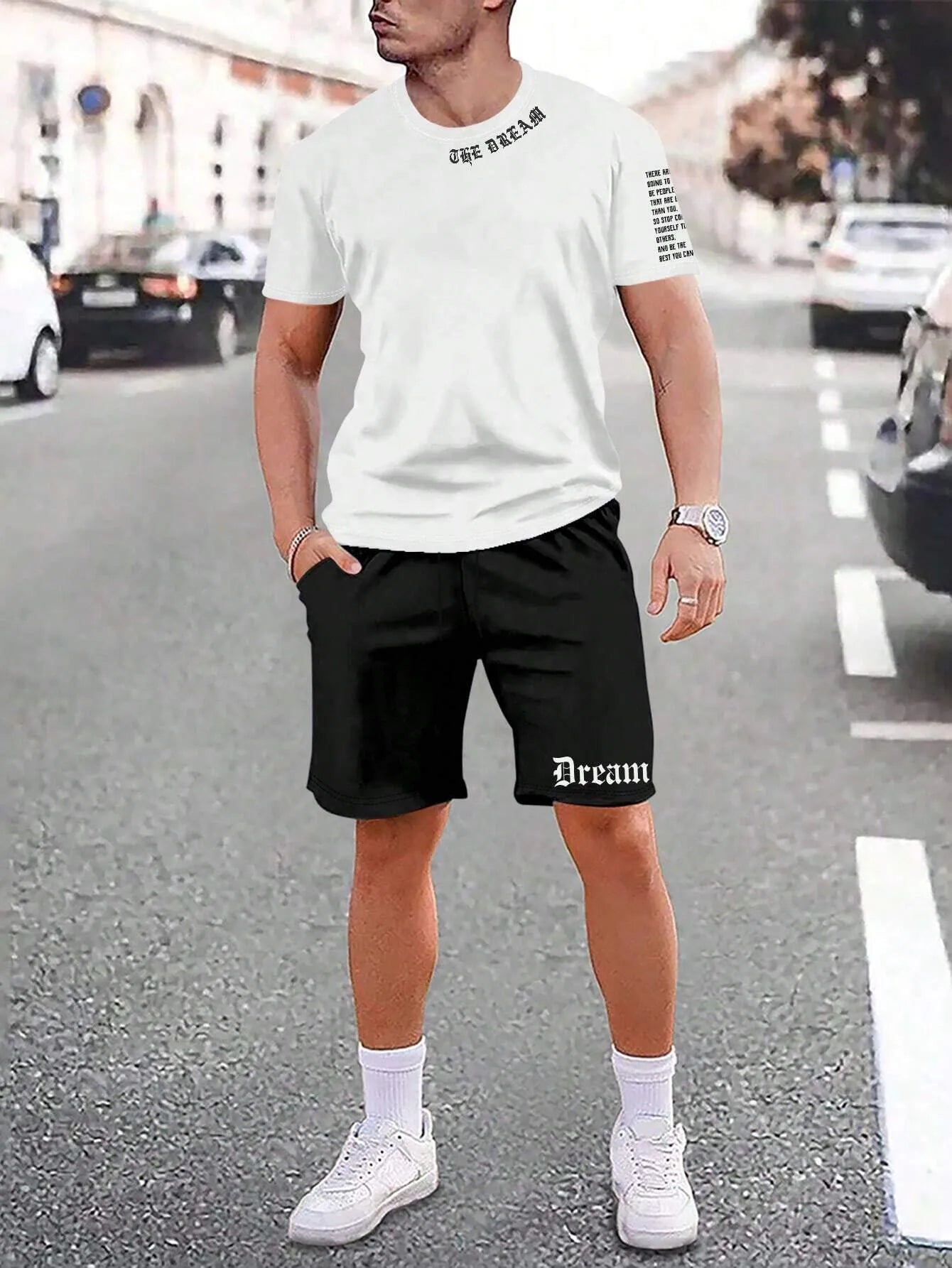Sports style short-sleeved shorts set with printed pattern, loose fit shorts, and quick-dry fabric
