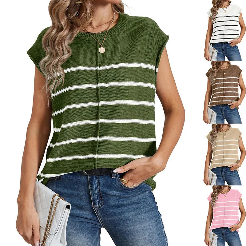 Women's striped sleeveless vest pullover top with bone stitch detail in apricot colour.