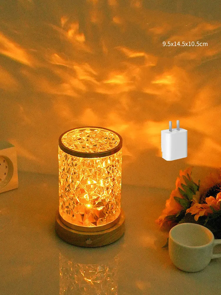 Rotating water ripple night light with wooden base showing dimensions of 9.5x14.5x10.5cm