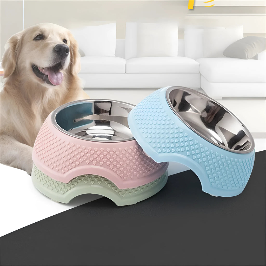 Blue stainless steel pet bowl with non-slip base for dog or cat food and water