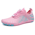 White lace-up sports upstream shoes with breathable gauze lining and textured non-slip rubber sole.