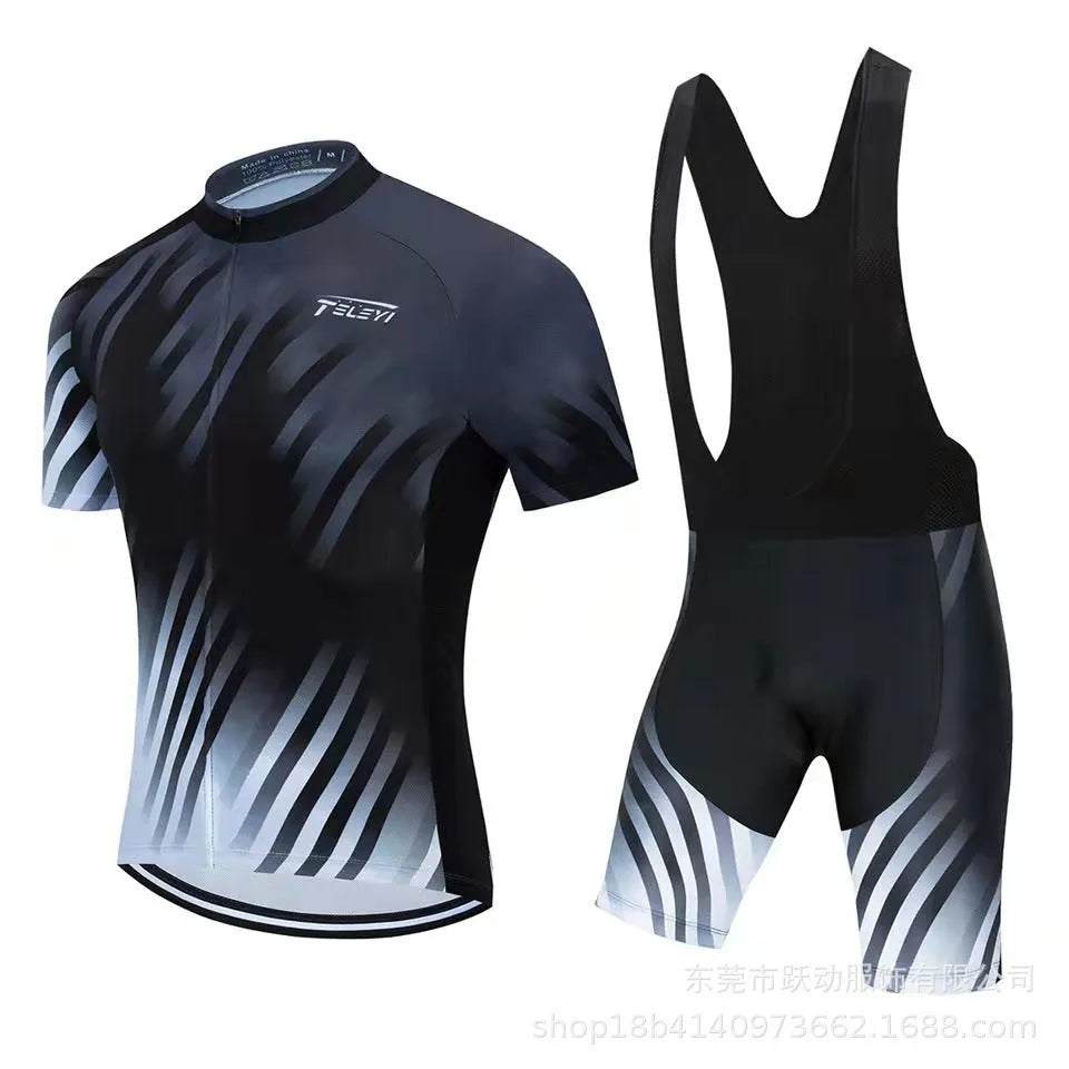 Men's and women's cycling jersey and shorts set in a colour style option, laid flat.