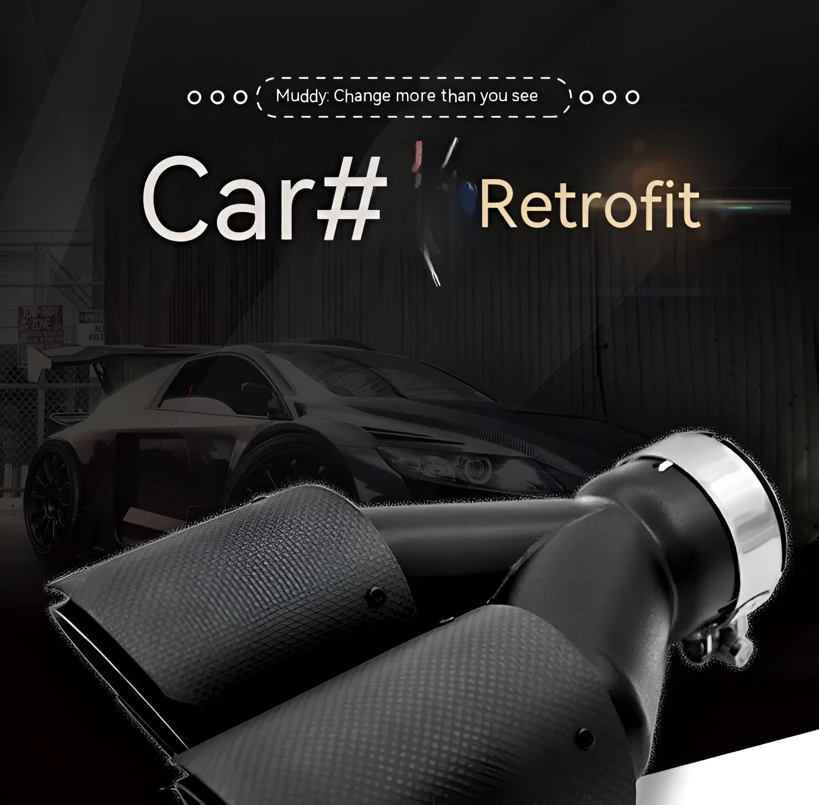 Black carbon fibre car exhaust pipe with double outlet tail nozzle, 250mm long