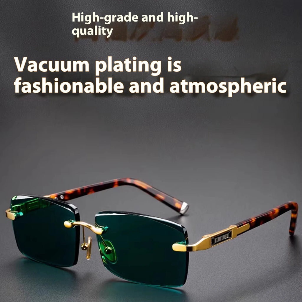 Dark green frameless crystal sunglasses with a glasses case and lens cloth.