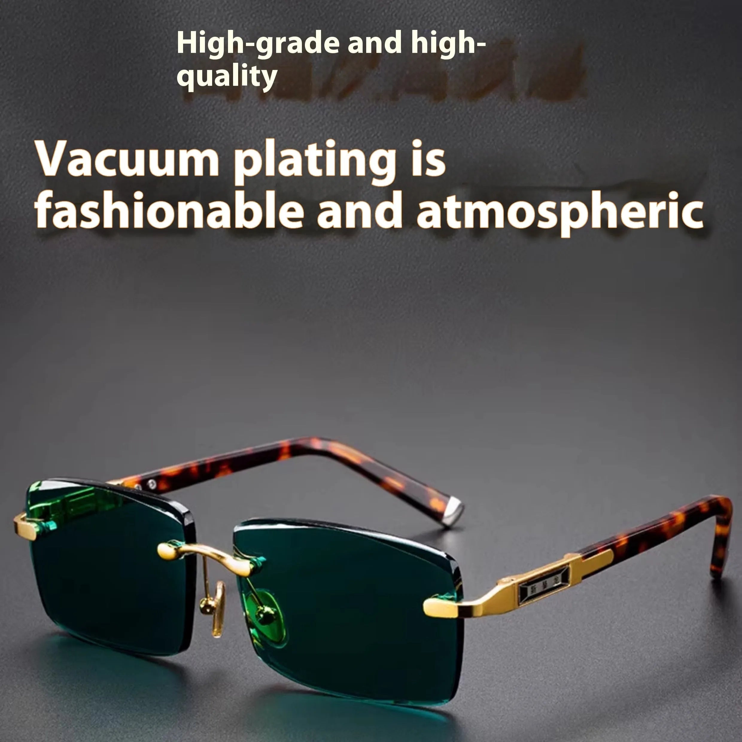 Dark green frameless crystal sunglasses with a glasses case and lens cloth.