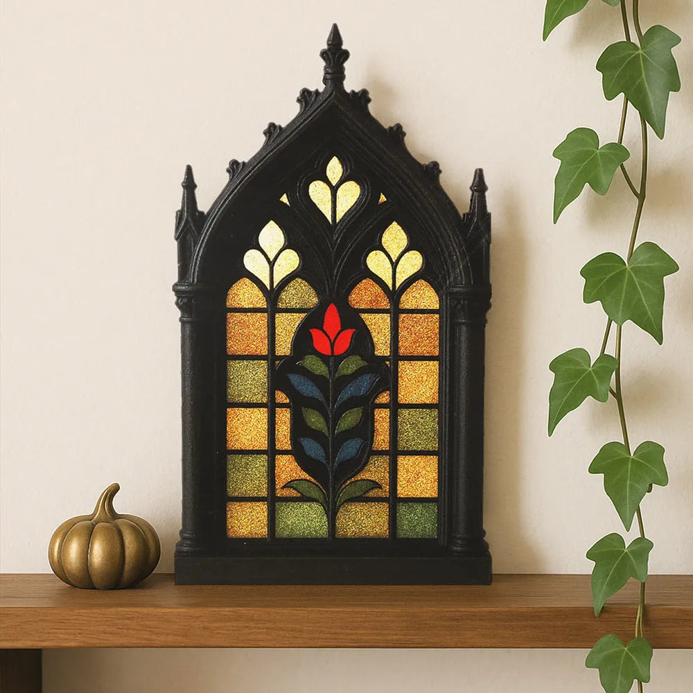 Wooden gothic-style door frame wall storage rack in one of three colour options.