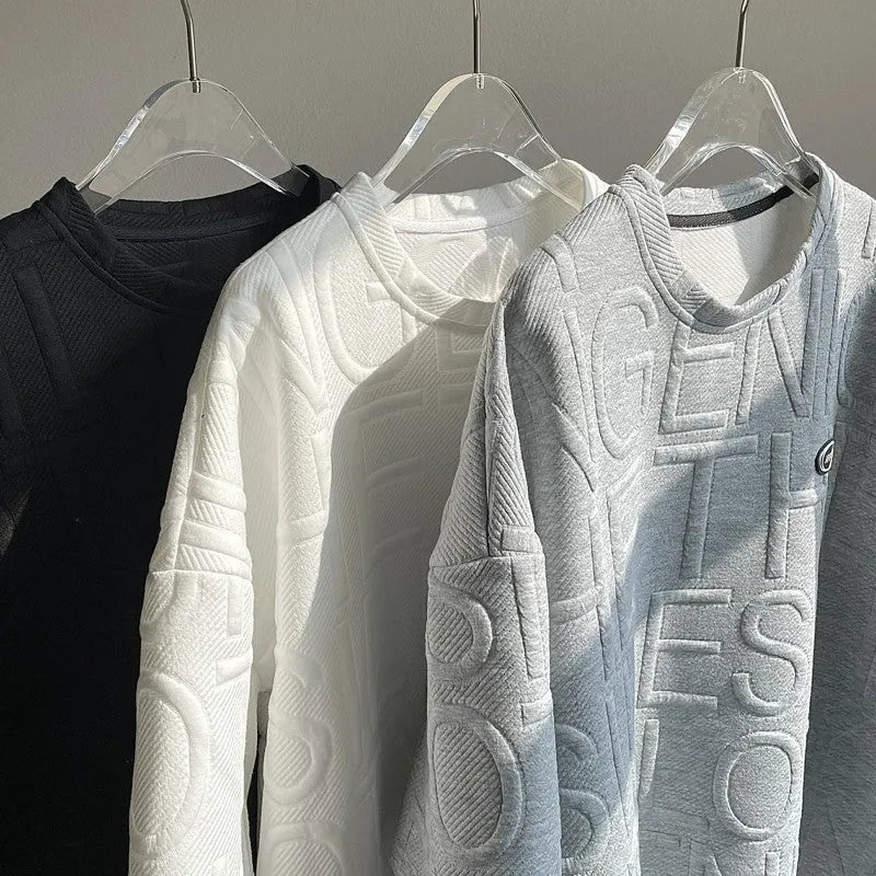 Men's grey loose retro T-shirt with a raised 3D letter print on the chest