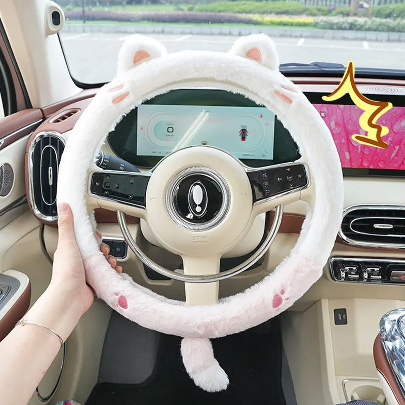 Plush steering wheel cover with cartoon animal embroidery for winter thermal insulation