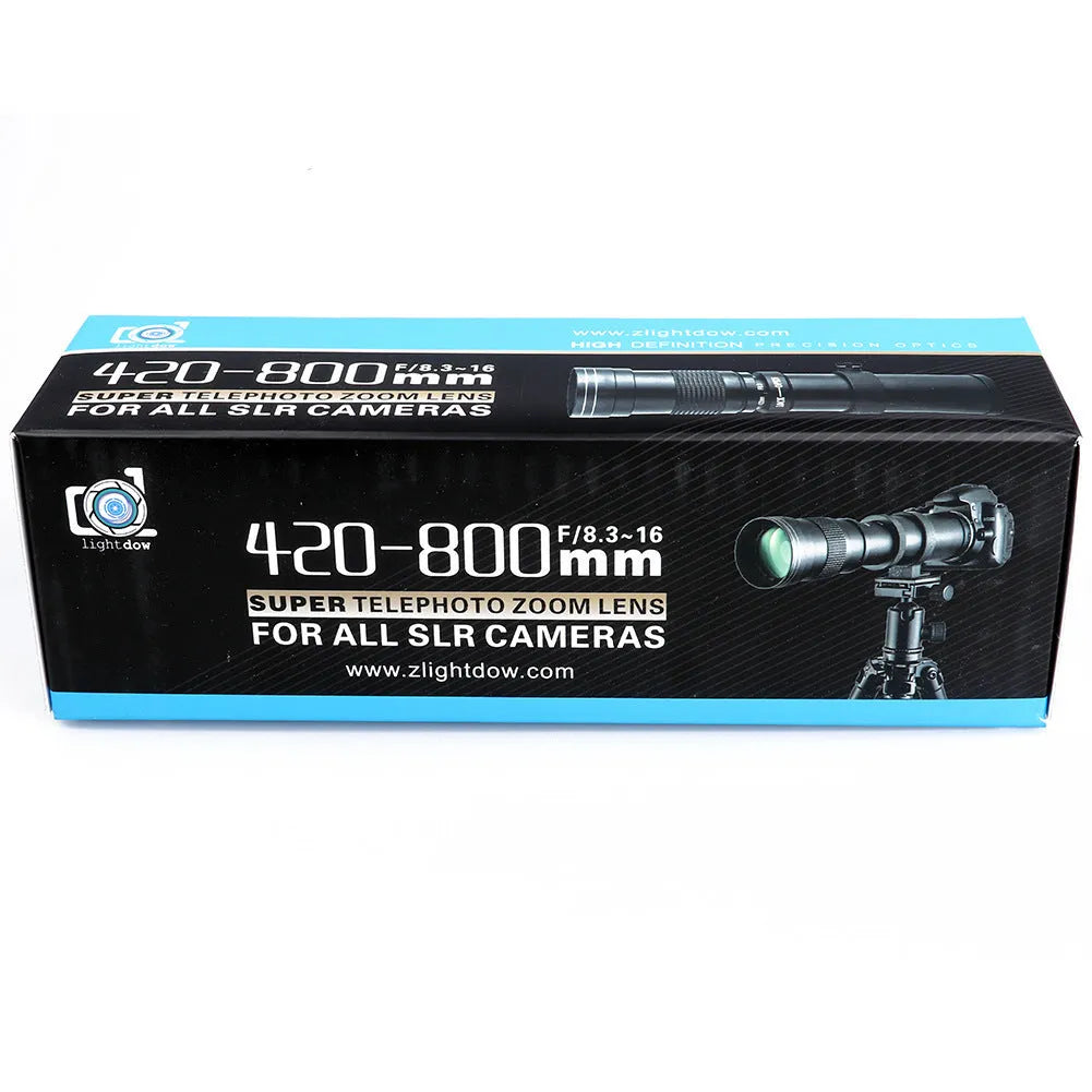 420-800mm manual telephoto zoom camera lens with extending barrel and 67mm filter thread