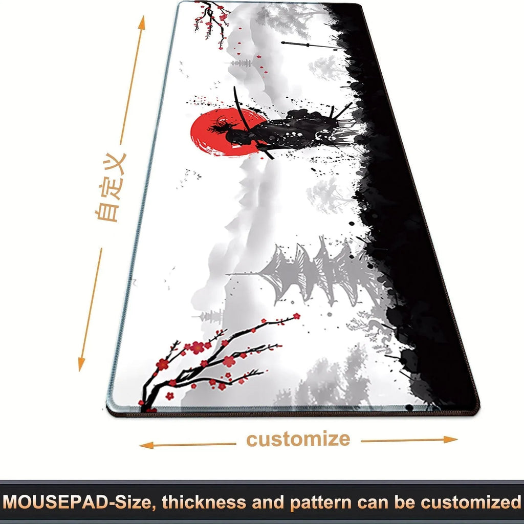 Japanese samurai design cloth gaming mouse pad on a desk, showing non-slip base and thermal transfer print detail.
