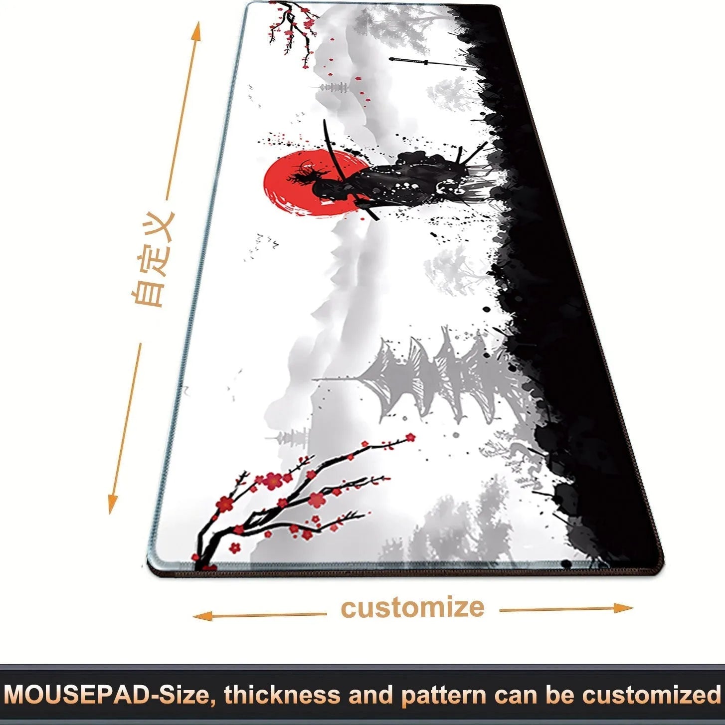 Japanese samurai design cloth gaming mouse pad on a desk, showing non-slip base and thermal transfer print detail.