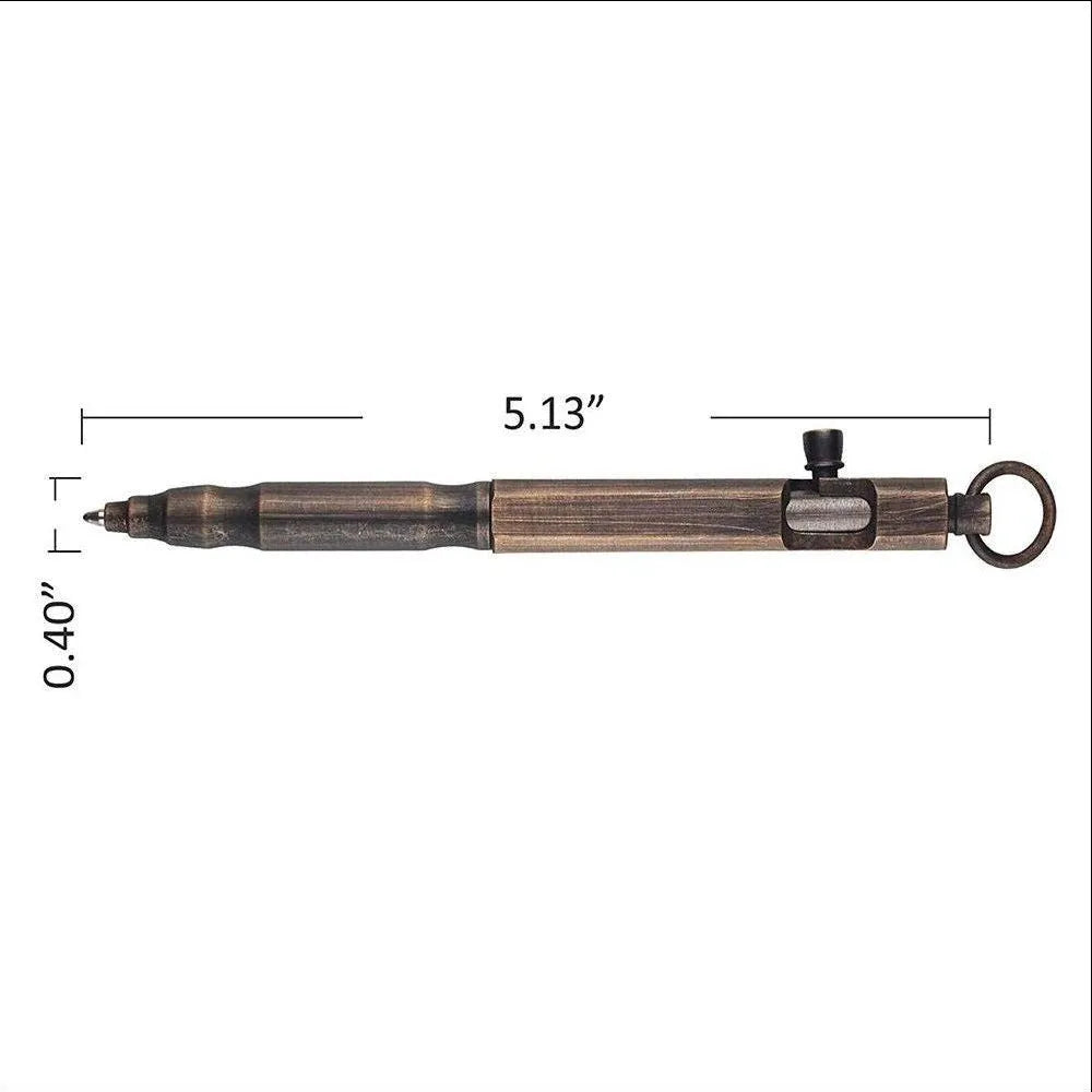 Brass tactical pen with machine gun inspired bolt-action design and hexagonal barrel