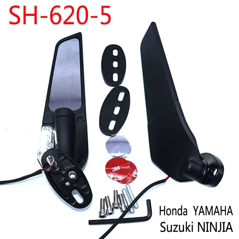 Pair of yellow aluminium motorcycle rearview mirrors with convex glass and integrated reflector lights