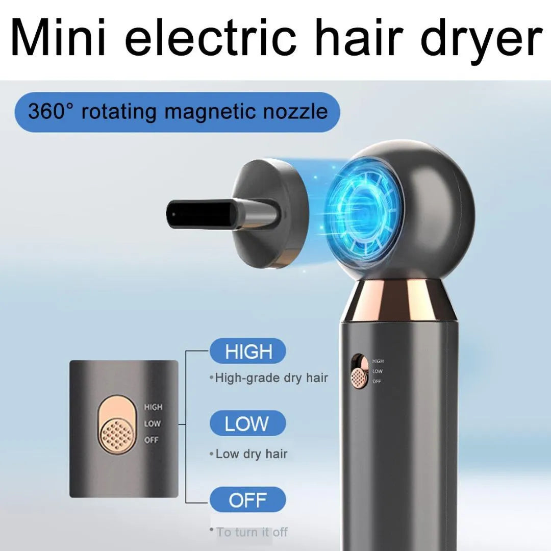 Compact white hair dryer with diffuser attachment, showing length and nozzle detail