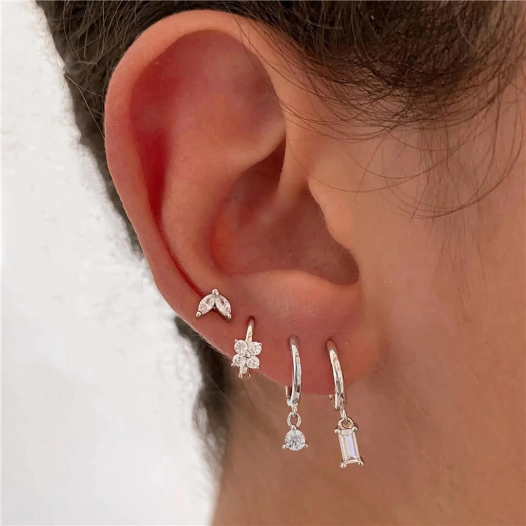 Copper geometric square earrings four-piece set with star designs and electroplated gold or silver finish