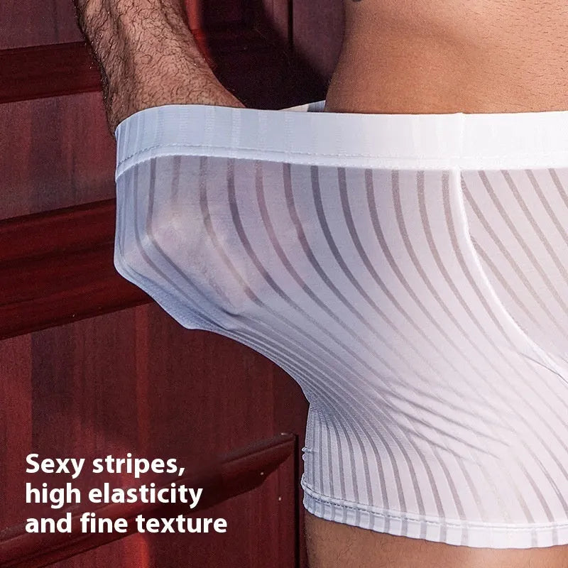 Men's black striped nylon boxer briefs shown flat, highlighting vertical pattern and elastic waistband.