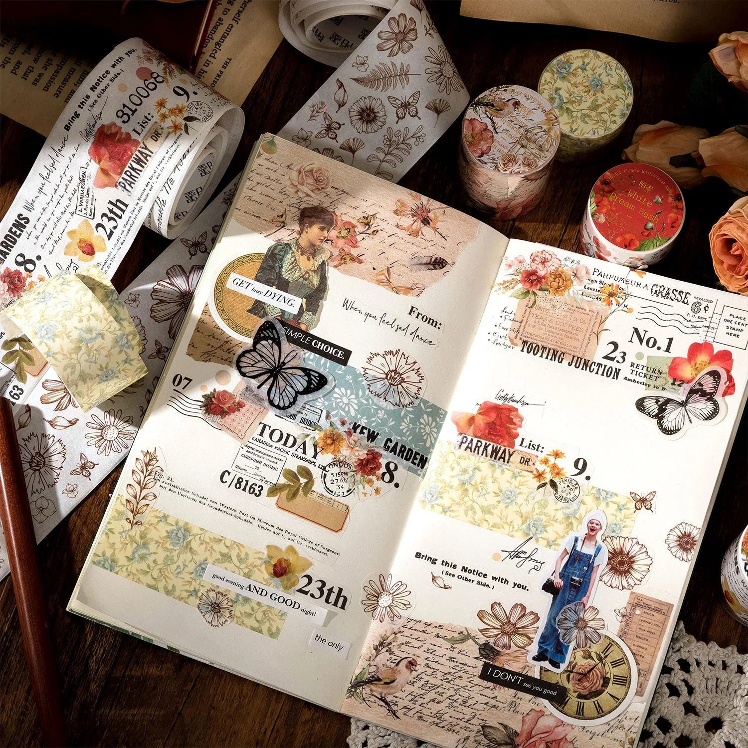 Roll of vintage floral watercolour decorative paper tape with Japanese paper base, showing 2m length.