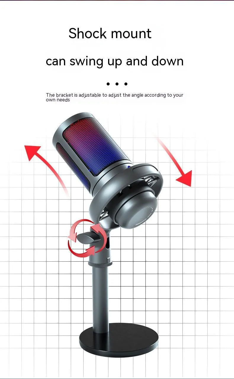 Condenser microphone with RGB lighting in black, white, or pink colours for USB computer recording.
