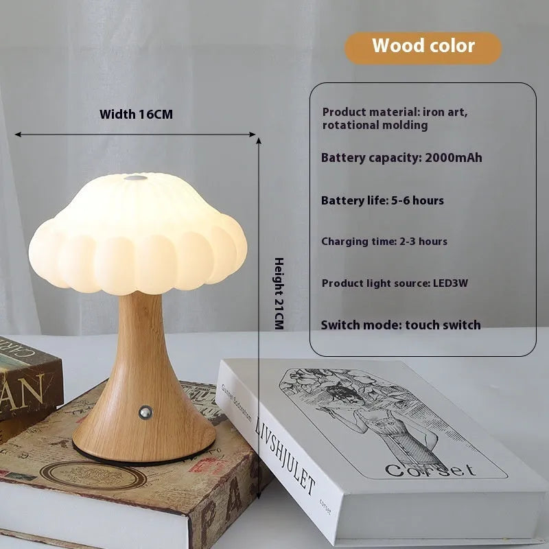 Mushroom-shaped USB rechargeable night lamp with touch control in wood grain finish