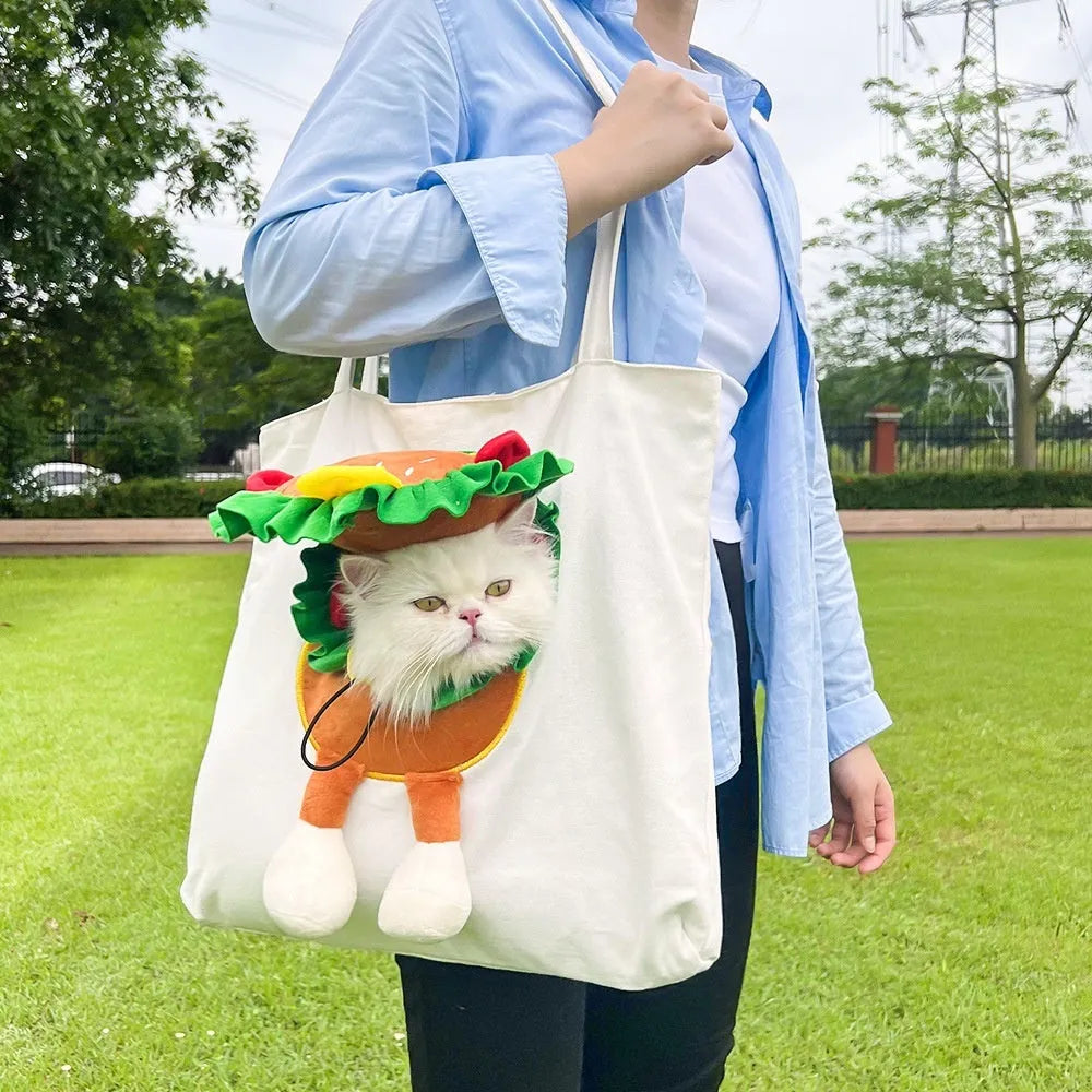 Canvas pet carrier shoulder bag with cartoon pattern for cats and small dogs