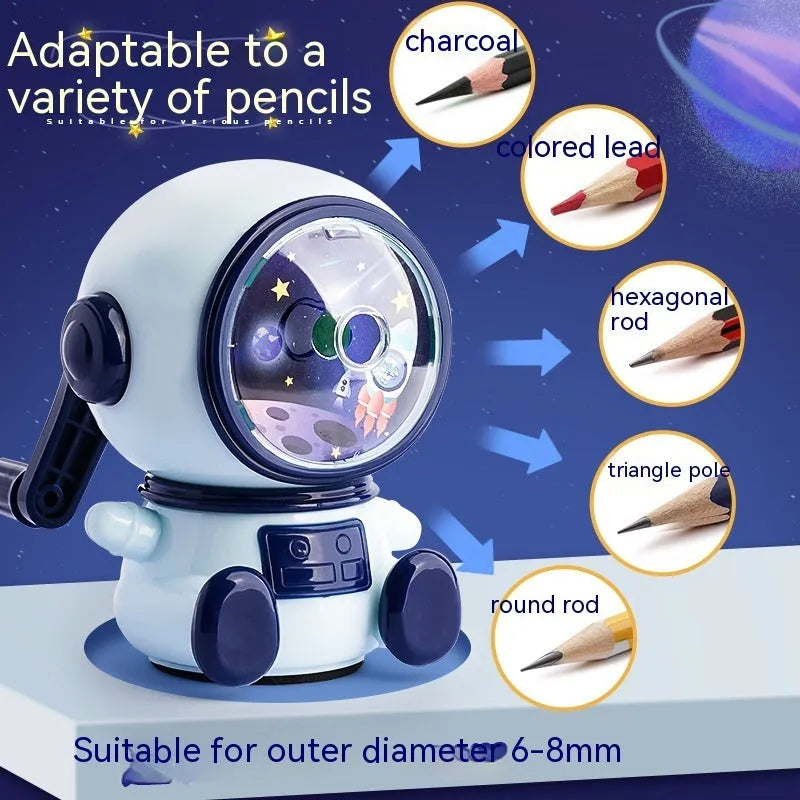 Blue astronaut-themed manual pencil sharpener with adjustable dial showing three sharpening levels