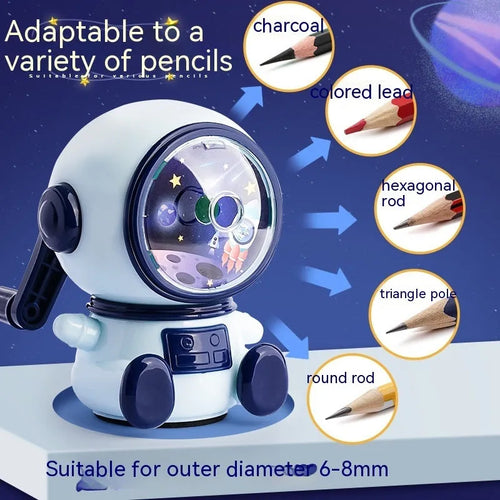 Blue astronaut-themed manual pencil sharpener with adjustable dial showing three sharpening levels