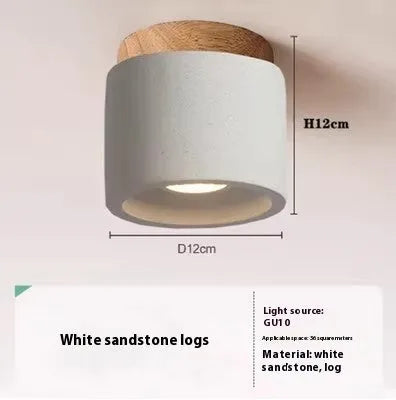 Cement Japanese-style ceiling lamp with log accents, White Sandstone finish, for corridor or restaurant