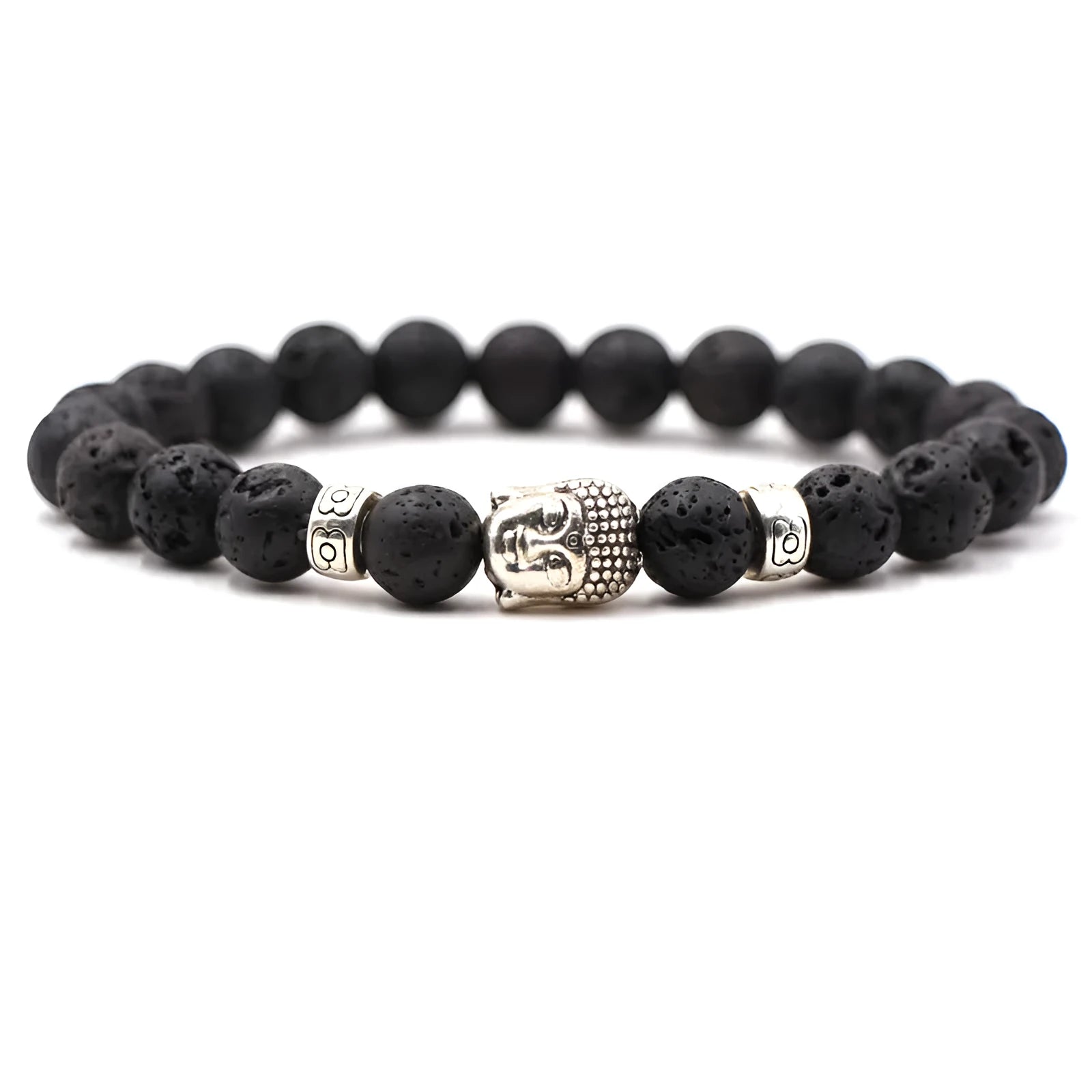 Tigereye stone Buddha head stretch bracelet with 8mm beads on a wrist.