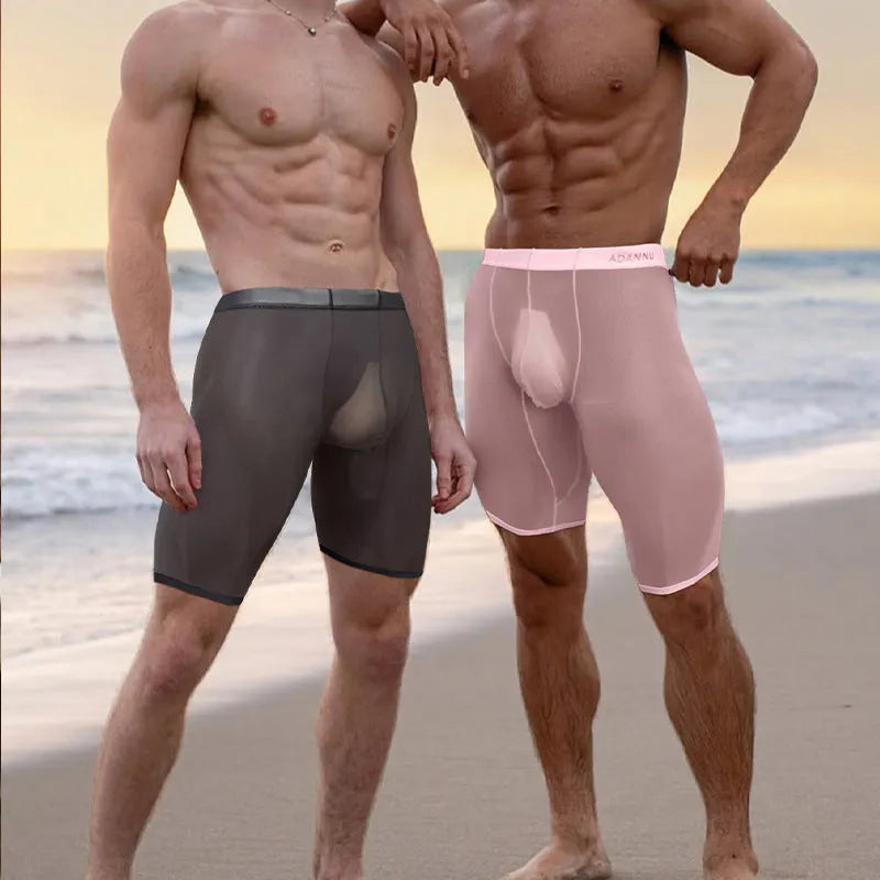 Men's seamless mesh home shorts in nylon knit fabric with hip lifting design