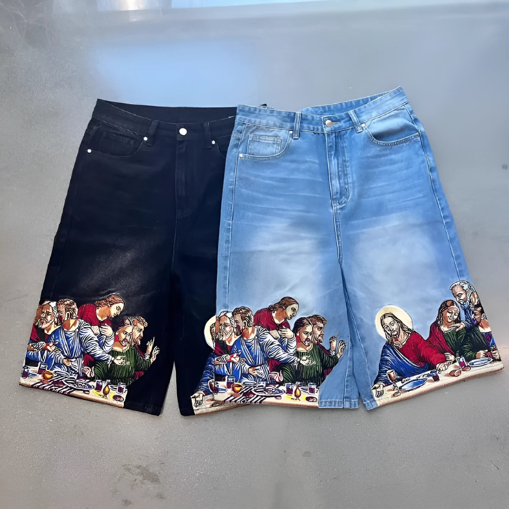 Blue men's cotton shorts with a Jesus graphic printed on the back pocket