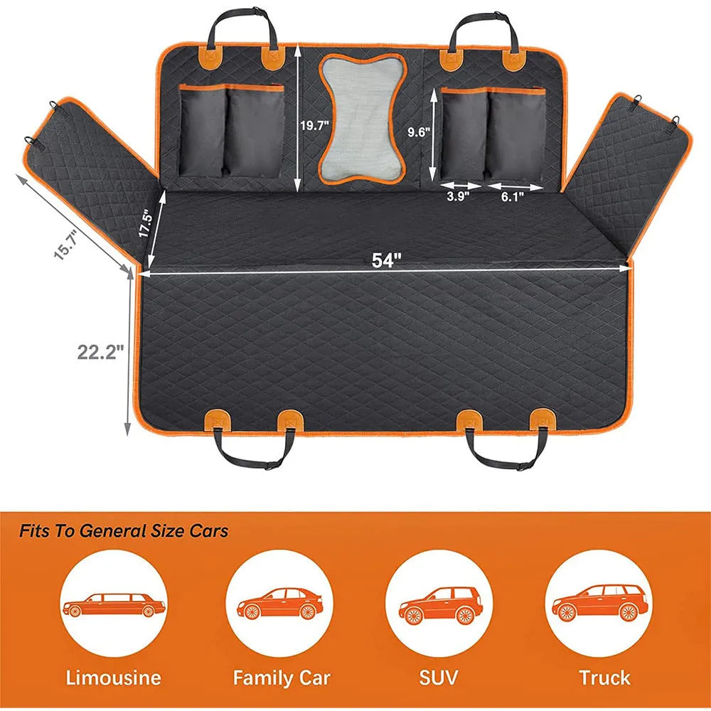 Black and orange waterproof pet car seat cover with mesh window and accessory pocket