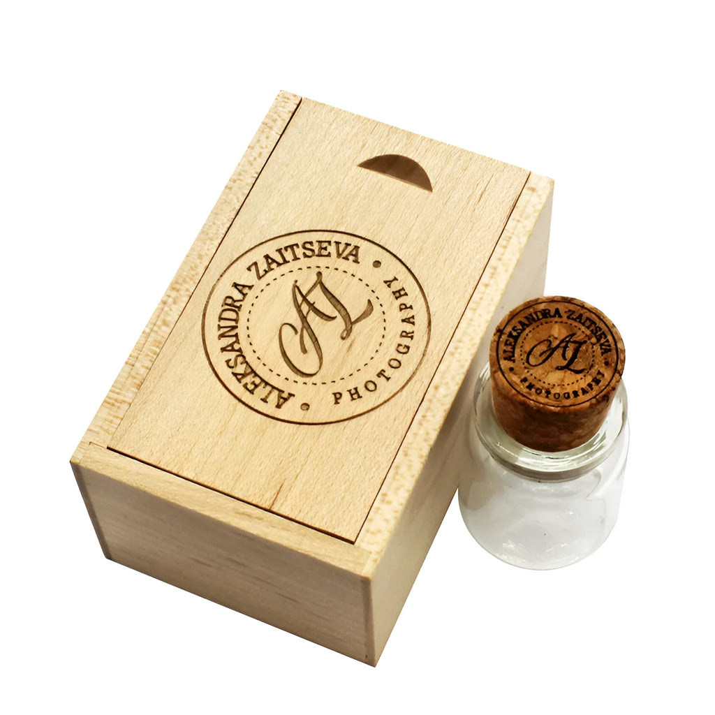 Chocolate brown wooden USB flash drive with custom engraving showing compact dimensions