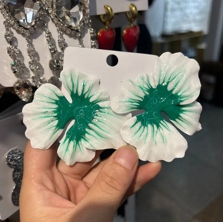 Pastoral style alloy earrings with oil-spot glaze floral designs in four colour options