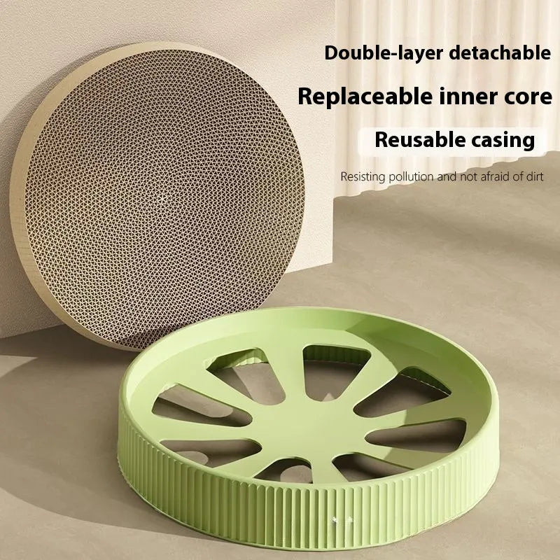 Round green cat scratching board with corrugated cardboard centre measuring 55cm diameter