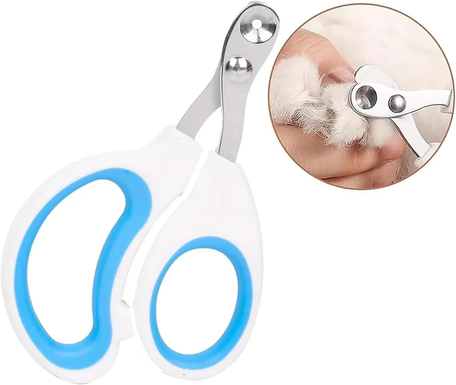 Blue cat nail clippers with circular safety hole and cushioned non-slip handle.