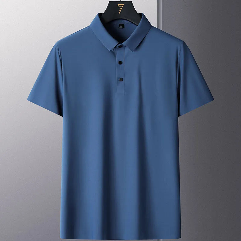 Men's non-ironing solid colour short sleeve business casual top on a hanger