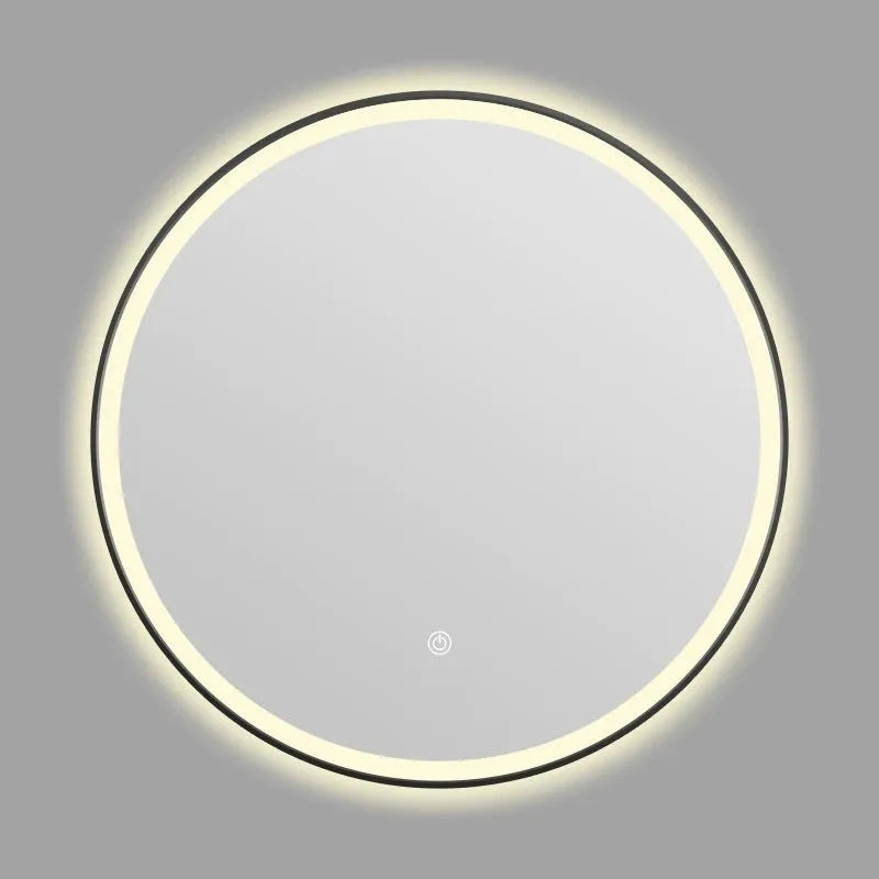 Black aluminium frame wall-mounted LED bathroom mirror with touch control.